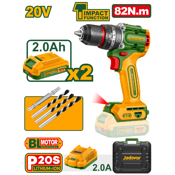 Taladro Percutor 13mm BL. 82Nm 2x Bat. 20V 2Ah (Compact) (M) Jadever JDCDP8285