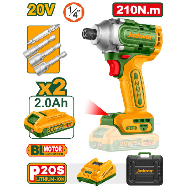 Atornillador de Impacto 1/4" BL. 210Nm. 2x Bat 20V 2Ah. (M) Jadever JDCD2B21