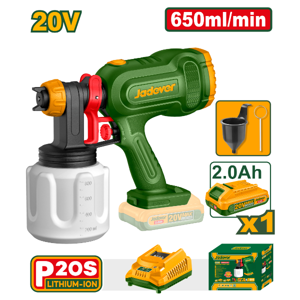 Pistola de Pintar 650ml/min + 1x Bateria 20V 2Ah. Jadever Caja JDSU30664