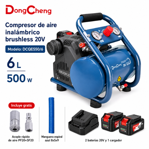 Compresor Silenciosa Inalambrica Industrial Dongcheng 6 Litros 2Bat x 4Ah Brushless