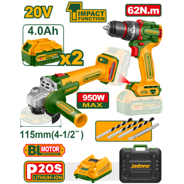 Combo Taladro Percutor + Amoladora. BL 2x Bat 20V 4Ah. + Acc. (M) Jadever JDCK20273