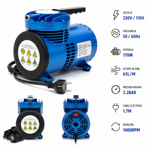 Compresor para Aerógrafo 170W – Alto Flujo 65L/min | 3.2 Bar