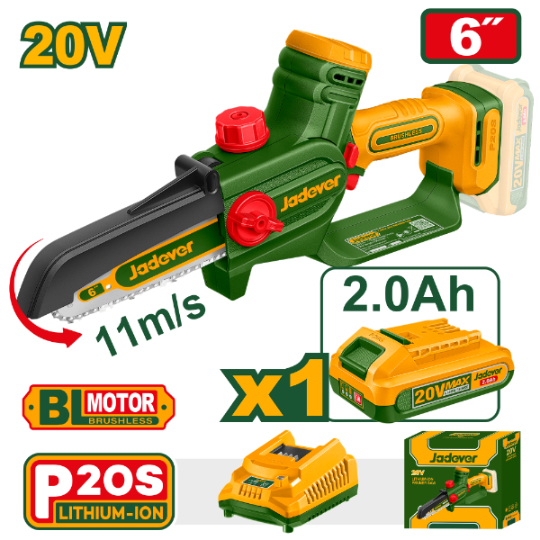 Mini motosierra 6" (Autolub) BL + Acc. 1x Bat 20V 2Ah. Jadever JDCLP562