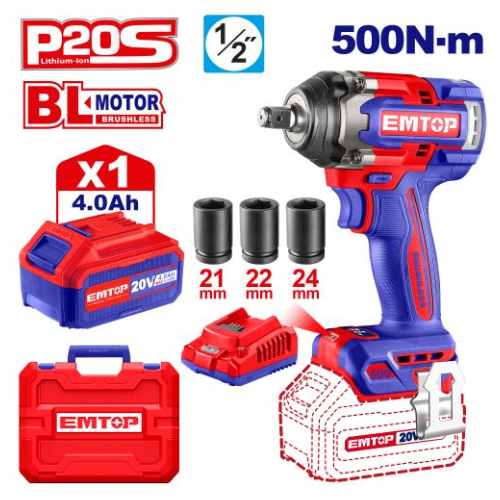 Llave de Impacto 1/2" BL 500Nm 1x Bat 20V 4Ah + Acc. (M) EMTOP