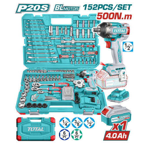Kit Llave de Impacto 500nm a Baterias 20v con Herramientas (152 Pzs) Total Thkthp31522