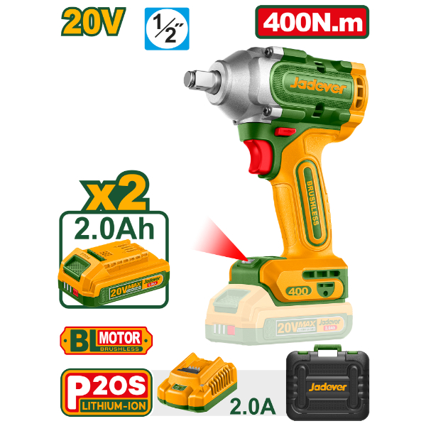 Llave de Impacto 1/2" 400Nm BL. 2x Bat 20V 2.0Ah (M) Jadever JDCD1B40