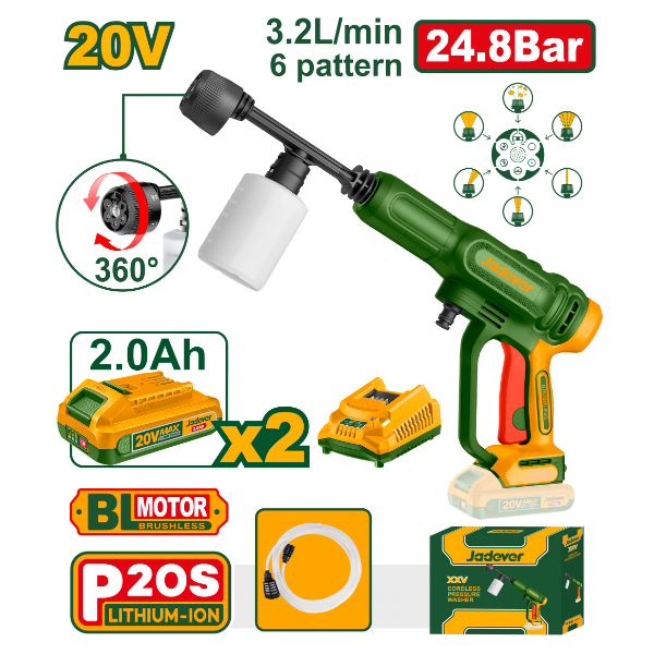 Hidrolavadora inalambrica 25Bar x2 Bat 20V 2Ah Jadever Caja JDQX11203
